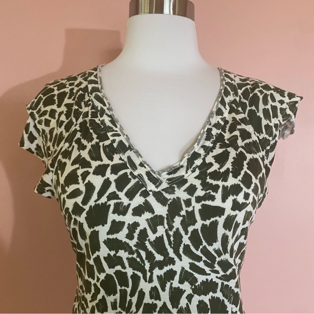 Maeve Catie Ruffle-Sleeved Tee XS Green Geometric Animal Print Anthropologie - Picture 6 of 7